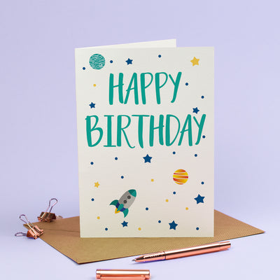 Happy Birthday Card - Personalised Rockets Spaceship Stars Galaxy in Cosmic Blue