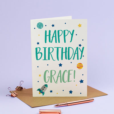 Happy Birthday Card - Personalised Rockets Spaceship Stars Galaxy in Cosmic Blue