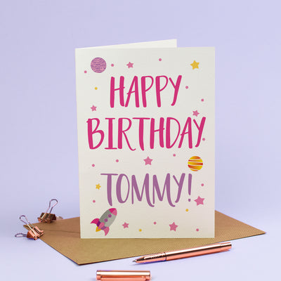 Happy Birthday Card - Personalised Rockets Spaceship Stars Galaxy in Cosmic Pink