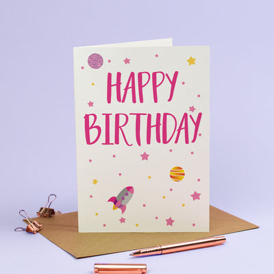 Happy Birthday Card - Personalised Rockets Spaceship Stars Galaxy in Cosmic Pink