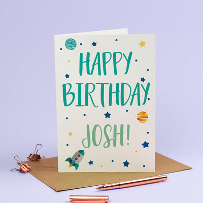 Happy Birthday Card - Personalised Rockets Spaceship Stars Galaxy in Cosmic Blue