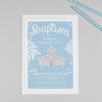 Personalised Church Christening or Baptism Invitation - Blue