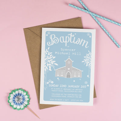 Personalised Church Christening or Baptism Invitation - Blue