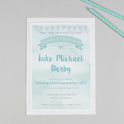 Personalised Clouds and Bunting Christening or Baptism Invitation - Green