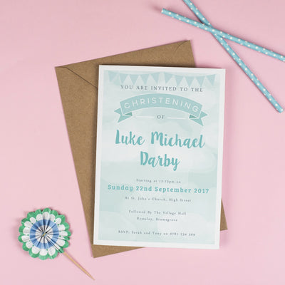 Personalised Clouds and Bunting Christening or Baptism Invitation - Green