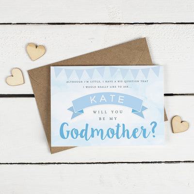 Personalised Will you be my Godfather or Godmother Card? Blue Clouds & Bunting!