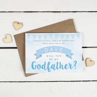 Personalised Will you be my Godfather or Godmother Card? Blue Clouds & Bunting!