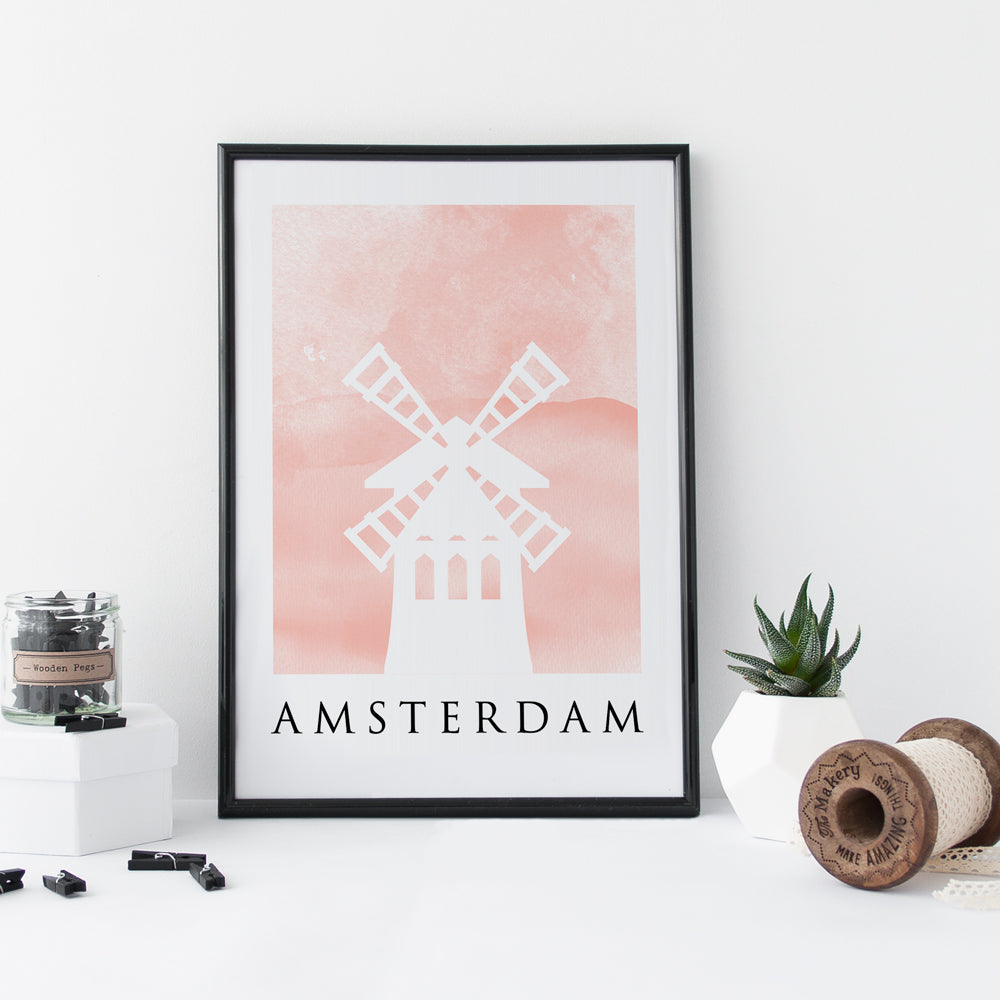 Travel Poster - AMSTERDAM - Watercolour Windmill Print 
