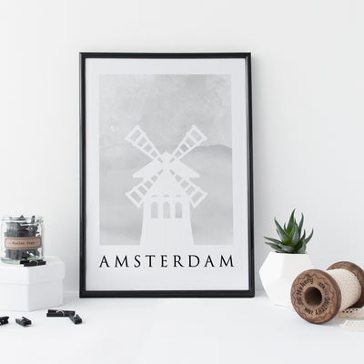 Travel Poster - AMSTERDAM - Watercolour Windmill Print