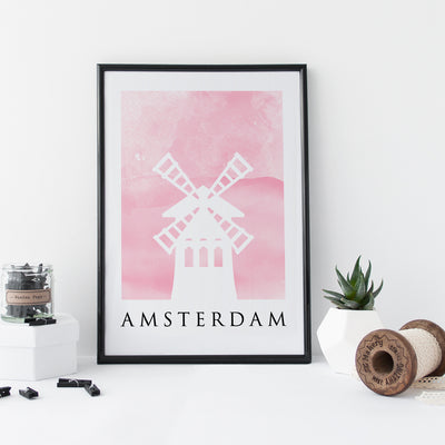 Travel Poster - AMSTERDAM - Watercolour Windmill Print