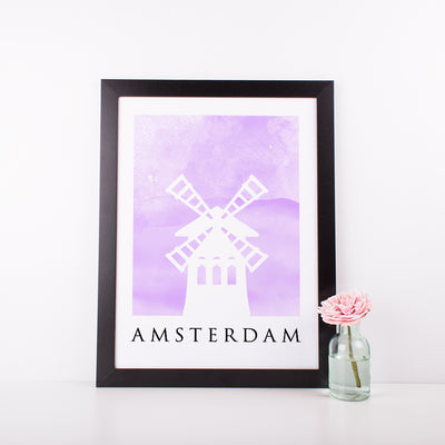 Travel Poster - AMSTERDAM - Watercolour Windmill Print