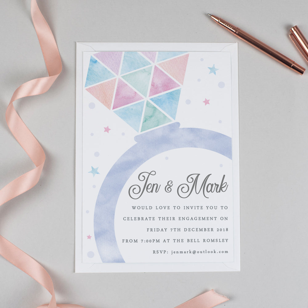 Engagement Invitations - Watercolour Diamond Ring 