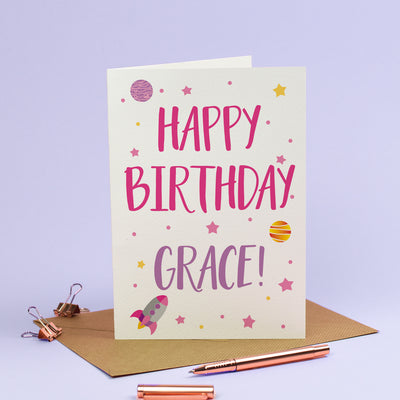 Happy Birthday Card - Personalised Rockets Spaceship Stars Galaxy in Cosmic Pink