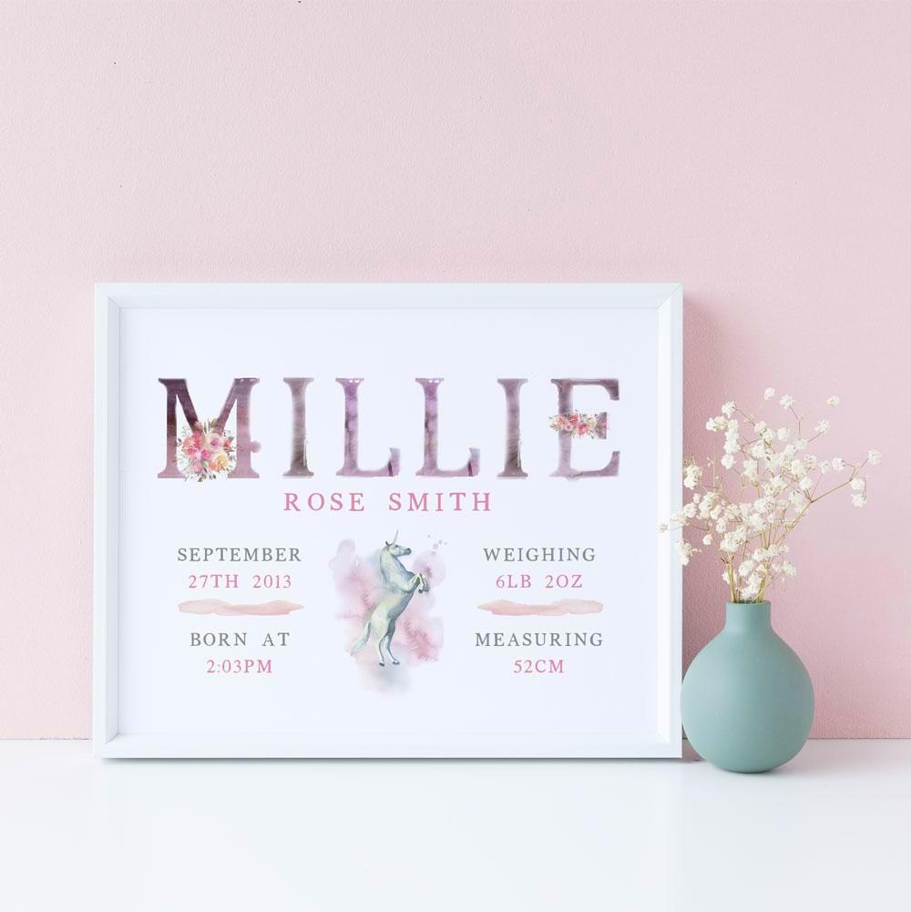 Unicorn Birthday or Welcome to the World Print - Children's Keepsake Art 
