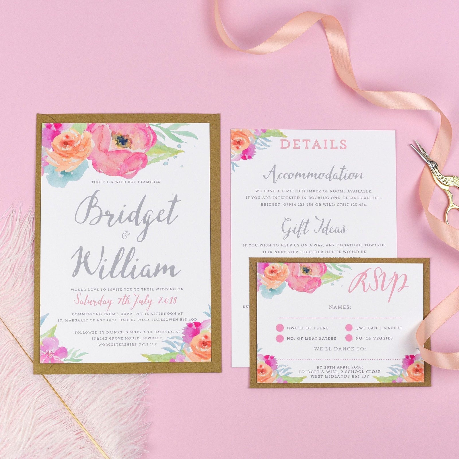 Bridget Watercolour Flowers Wedding Invitations 