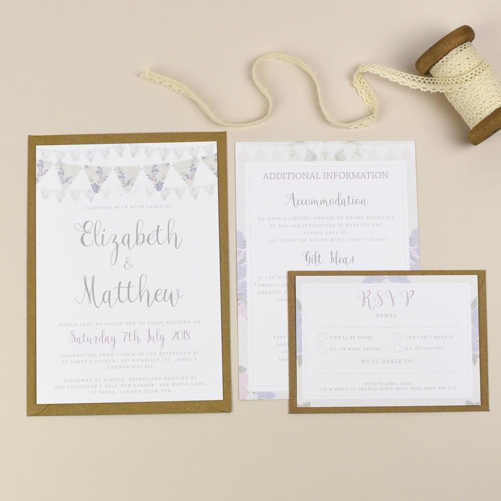 Violet Vintage Bunting Wedding Invitations 