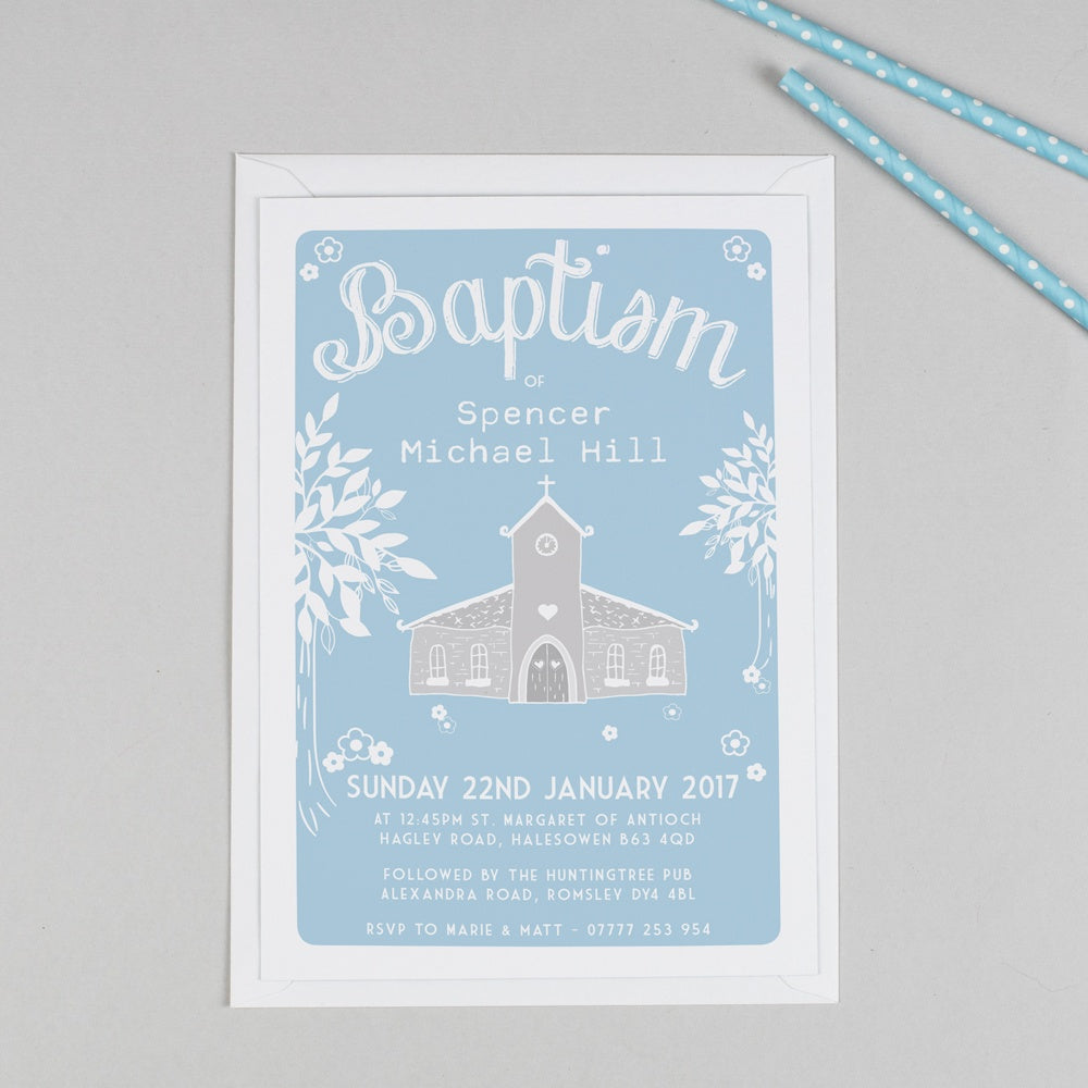 Personalised Church Christening or Baptism Invitation - Blue 