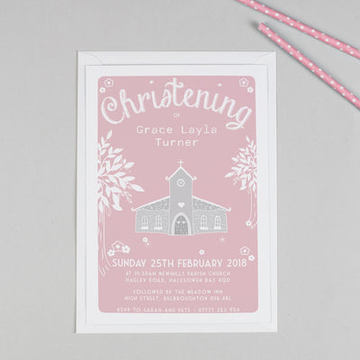 Personalised Church Christening or Baptism Invitation - Pink