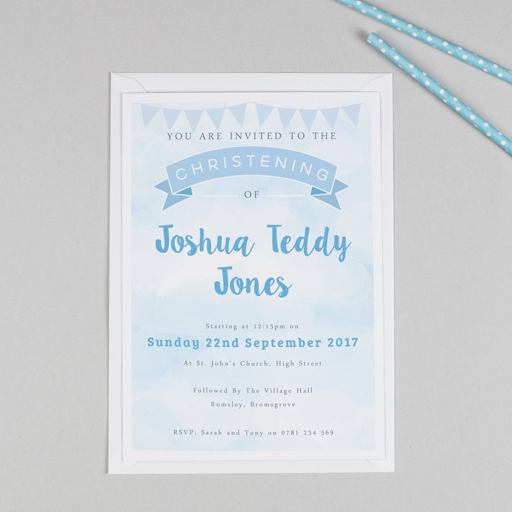 Personalised Clouds and Bunting Christening or Baptism Invitation - Blue 