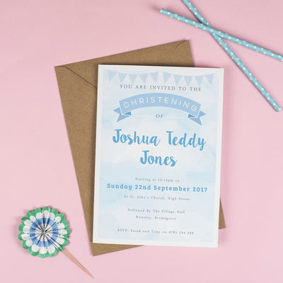 Personalised Clouds and Bunting Christening or Baptism Invitation - Blue