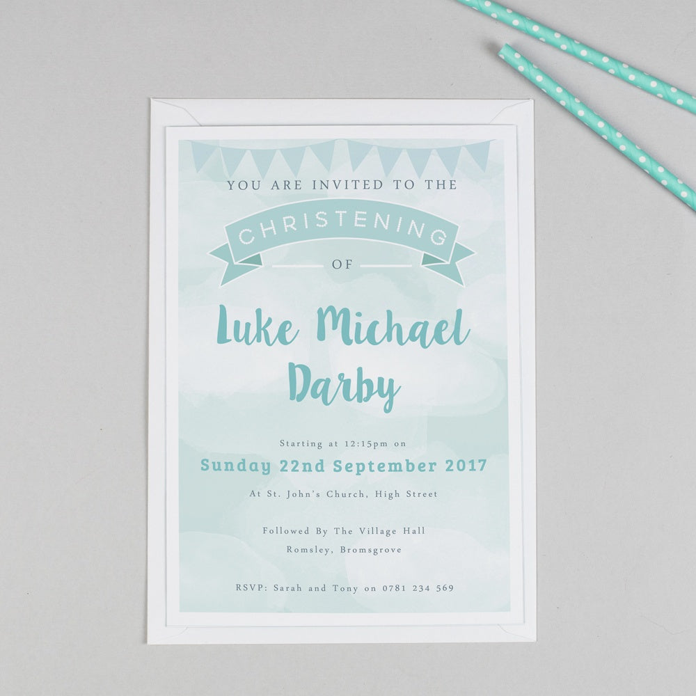 Personalised Clouds and Bunting Christening or Baptism Invitation - Green 
