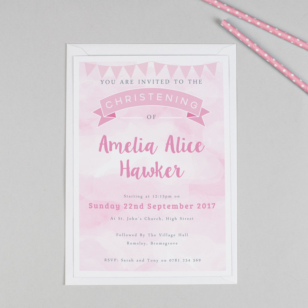 Personalised Clouds and Bunting Christening or Baptism Invitation - Pink 