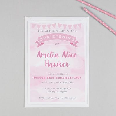 Personalised Clouds and Bunting Christening or Baptism Invitation - Pink