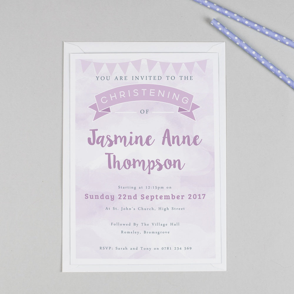 Personalised Clouds and Bunting Christening or Baptism Invitation - Purple 