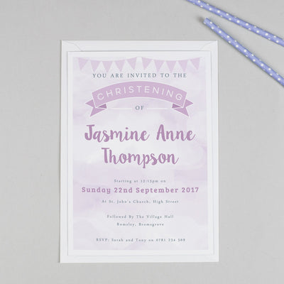 Personalised Clouds and Bunting Christening or Baptism Invitation - Purple