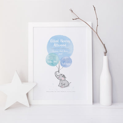 Welcome to the World - Elephant - Blue Watercolour Print