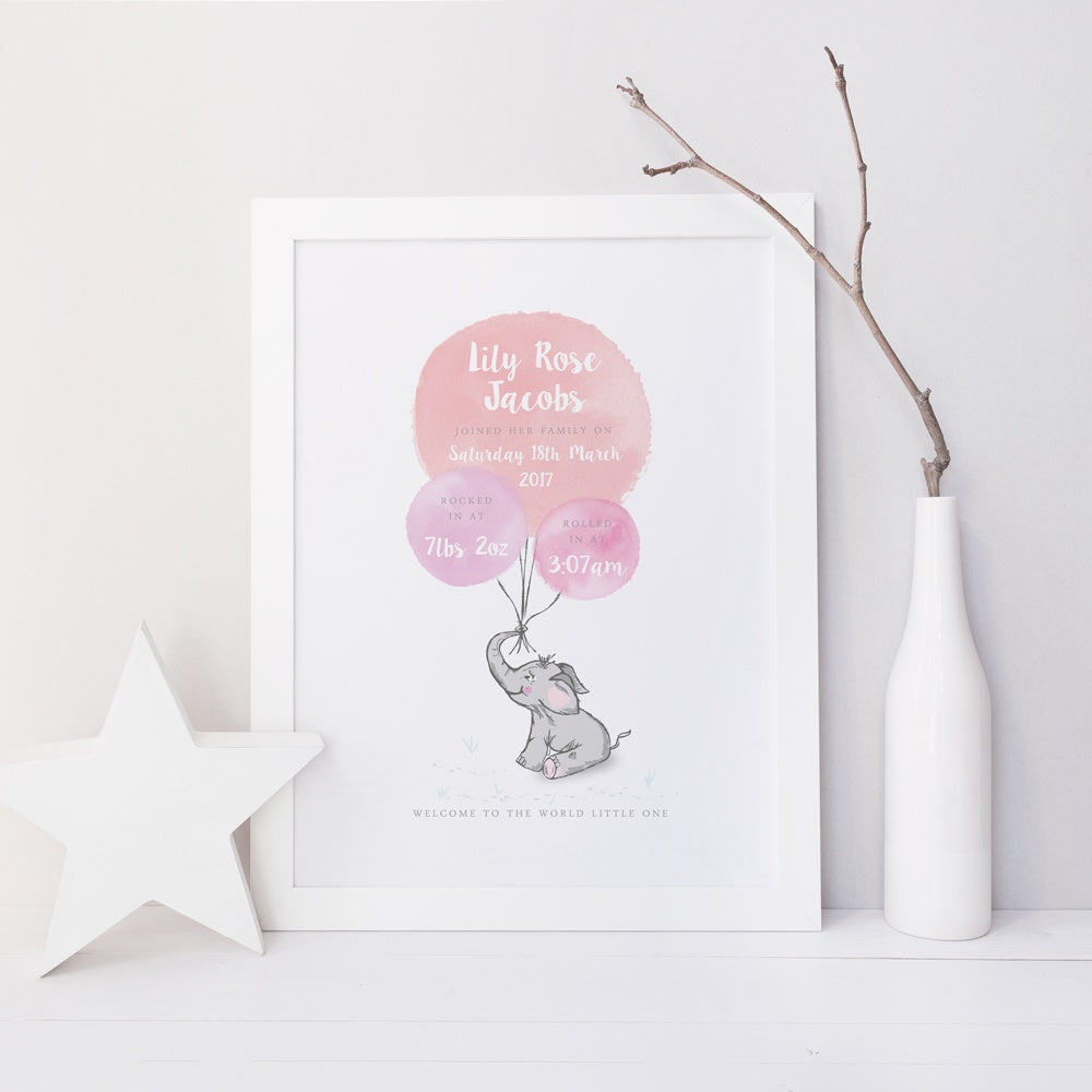Welcome to the World - Elephant - Pink Watercolour Print 