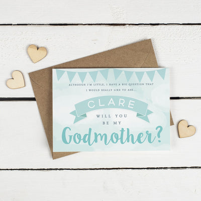 Personalised Will you be my Godfather or Godmother Card? Green Clouds & Bunting!