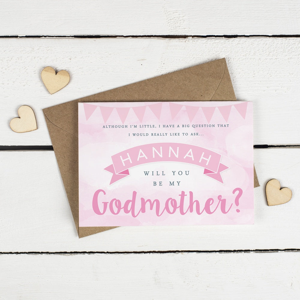 Personalised Will you be my Godfather or Godmother Card? Pink Clouds & Bunting! 