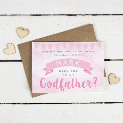 Personalised Will you be my Godfather or Godmother Card? Pink Clouds & Bunting!