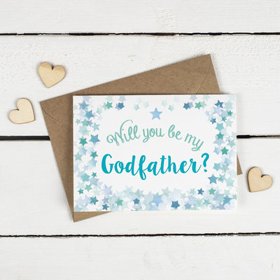 Will you be my Godfather or Godmother Card? Blue Stars