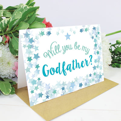 Will you be my Godfather or Godmother Card? Blue Stars