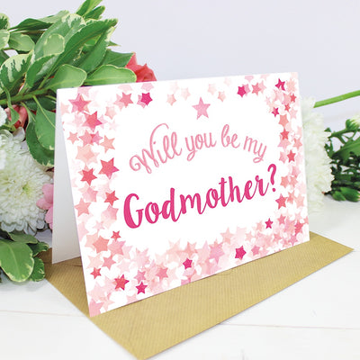 Will you be my Godfather or Godmother Card? Pink Stars