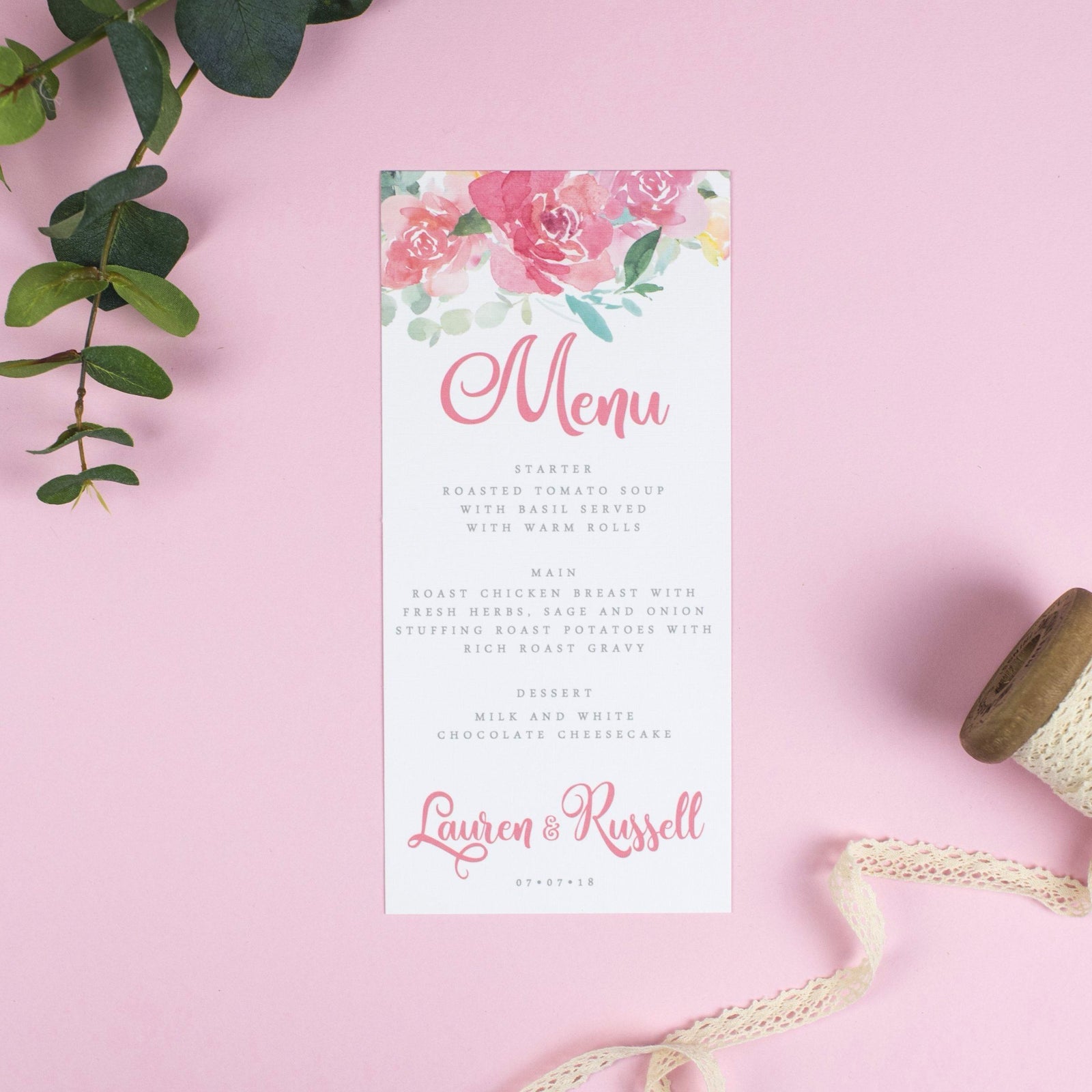 Menu - Blossom - Floral Watercolour Wedding 