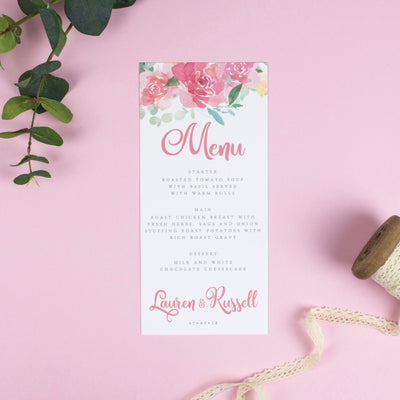 Menu - Blossom - Floral Watercolour Wedding