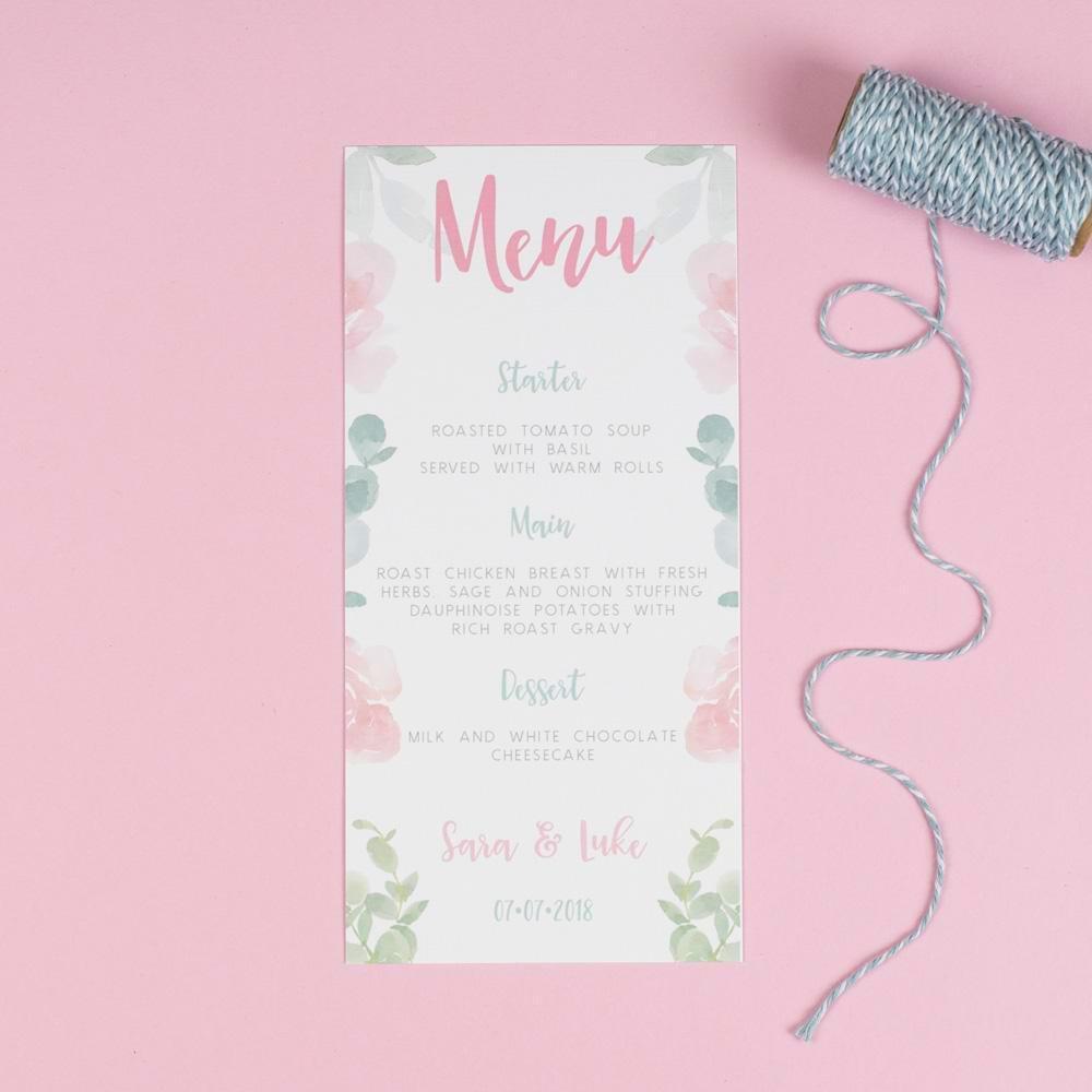 Menu - Rose - Floral Watercolour Wedding 