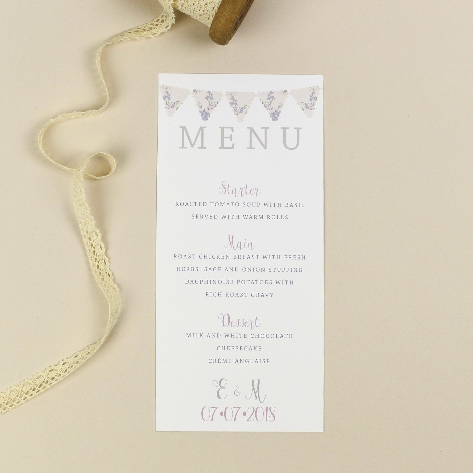 Menu - Violet - Vintage Bunting Wedding 