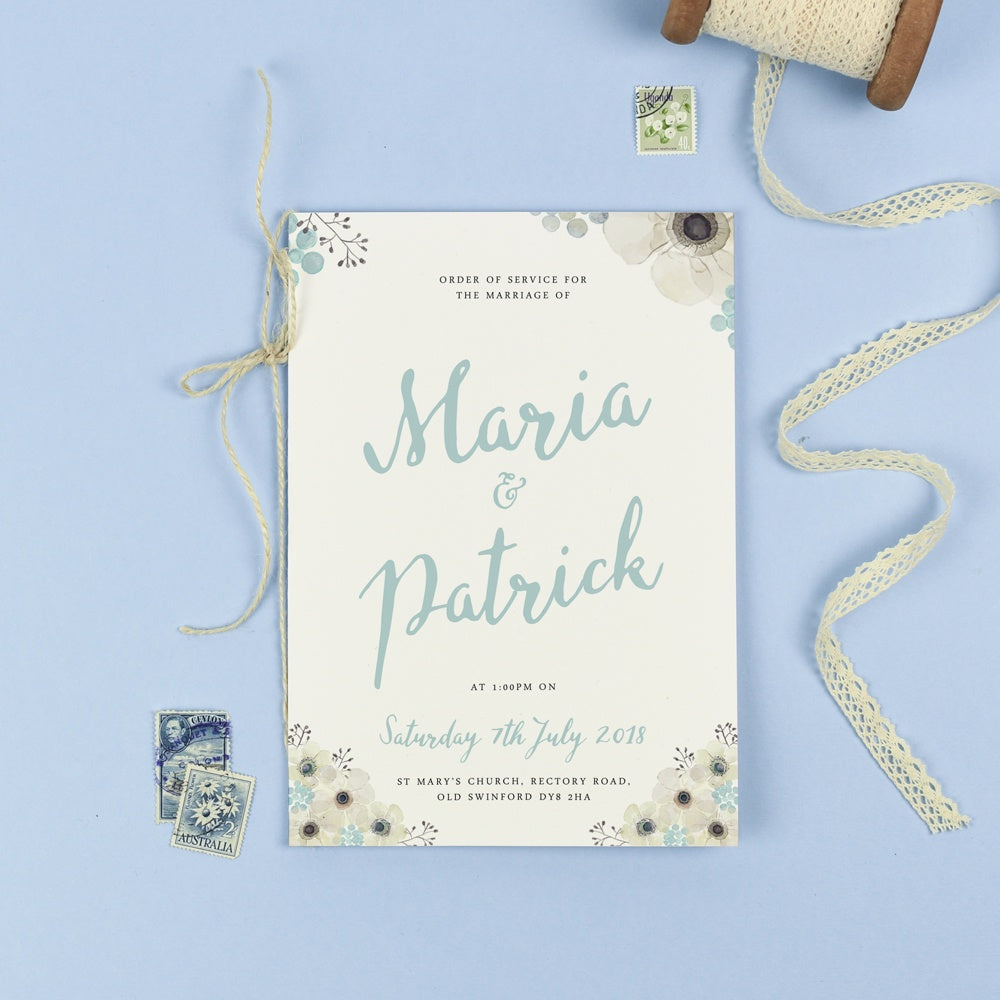 Order of Service - Maria - Spring Watercolour Anemone Flowers 