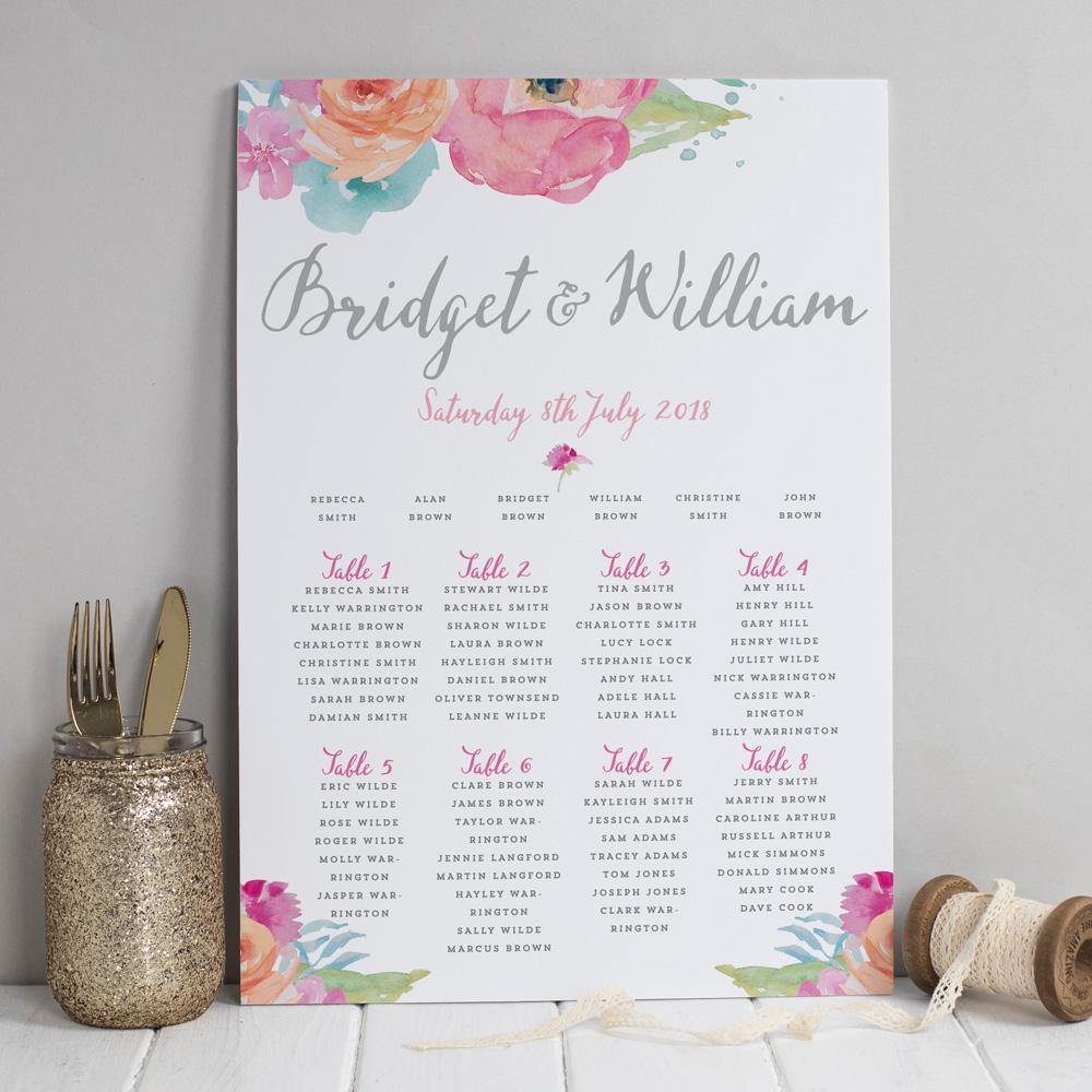 Table Plan - Bridget Watercolour Flowers 